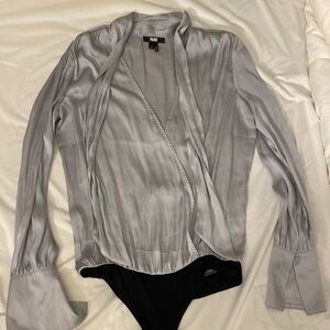 Paige gray silk long sleeve thong bodysuit blouse tie neck bow